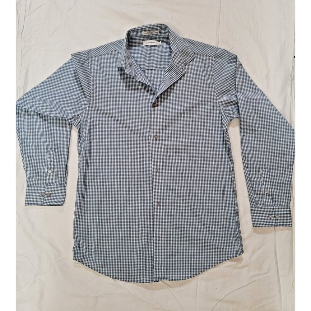 Calvin Klein Men Long Sleeve Collared Botton-up Plaid Gray Blue White Regular 18